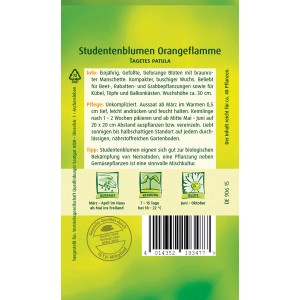 Samentüte Studentenblume 'Orangeflamme' mit orange-gelben Blüten für Beet und Balkon.