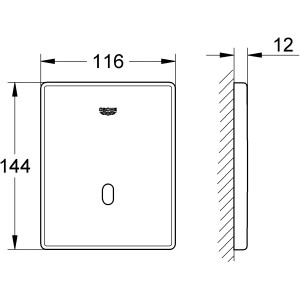 Technische Zeichnung: Grohe Tectron Skate Urinal-Elektronik, Chrom, Maße 116x144x12mm.