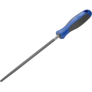 LUX-TOOLS Werkstattfeile, rund, 200 mm, mit blau-schwarzem Griff. Ideal für Metallbearbeitung.