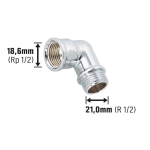 Verchromter Gewinde-Winkel aus Messing, 18,6 mm x 21 mm, für Trinkwasser- und Heizungsrohre.