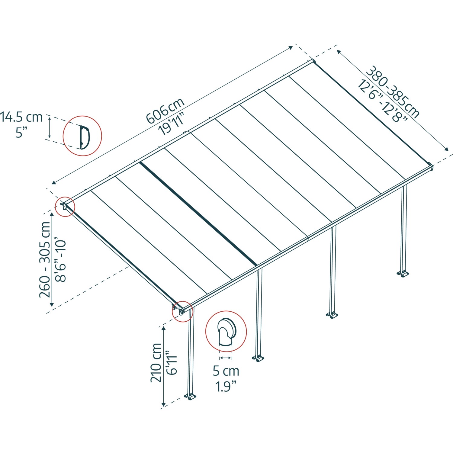 Technische Zeichnung der anthrazitfarbenen Palram Canopia Terrassenüberdachung Feria 4x4.2 mit Maßangaben.