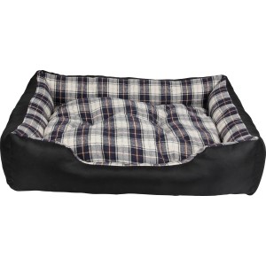 Schwarzes Hunde- und Katzenbett mit kariertem Kissen, 61x48x18 cm.