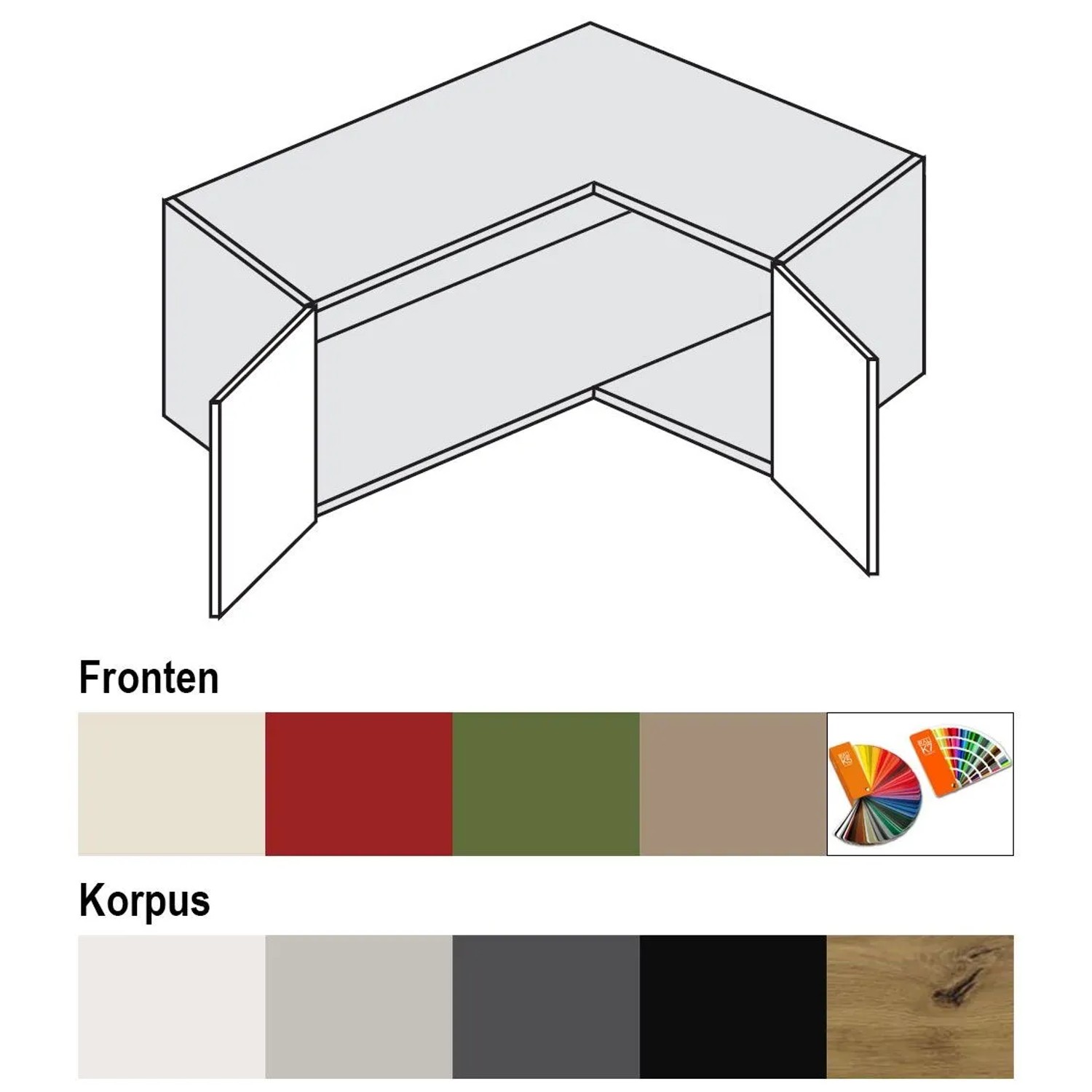 Feldmann-Wohnen Eckaufsatzschrank Brerra: Diagramm mit offenen Türen, Farbmuster für Fronten & Korpus. Küchenschrank 90x90x36cm.