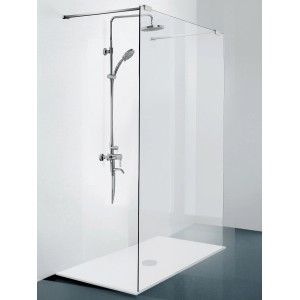 Sanotechnik Duschtrennwand Elegance mit Chrom-Teleskophalterung und Duscharmatur.