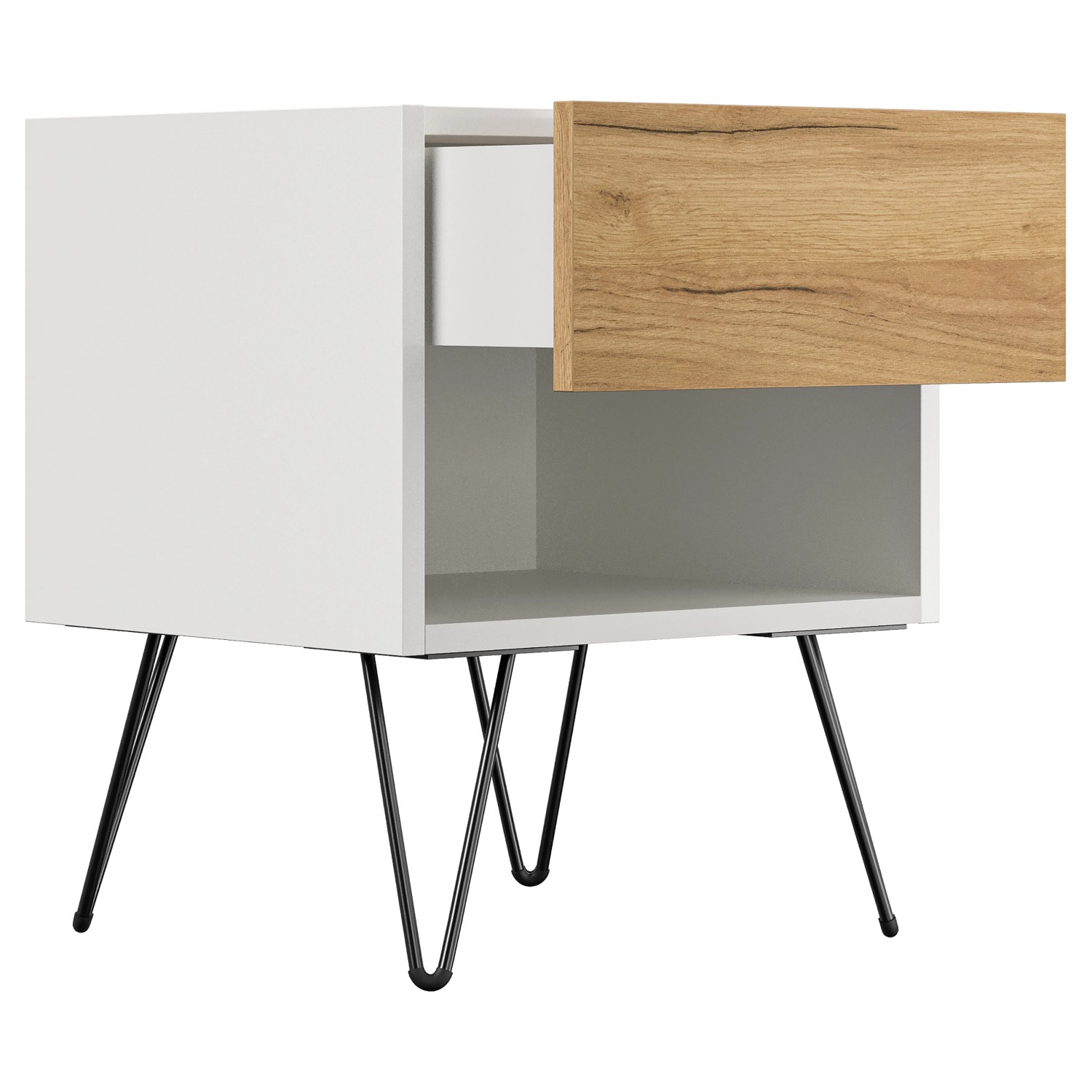 Posseik Nachttisch-Set Industrial B, 2-teilig, weiß/Eiche, mit offenen Schublade und schwarzen Metallfüßen.