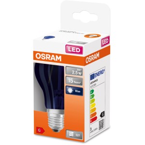 Osram LED-Lampe E27, Glühlampenform, 2,5W, blaue Lichtfarbe in Verpackung.