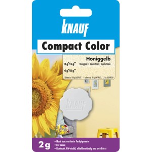 Knauf Compact Color Honiggelb 2g für Putz, mit Sonnenblume und Farbbeispiel.