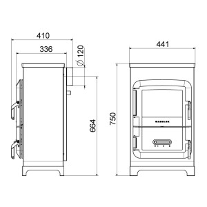 Technische Zeichnung Wamsler RH 6F Kaminofen Stahl Lavendel mit Maßen.