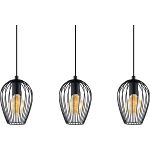 Schwarze Eglo Pendelleuchte Newtown, 3-flammig, mit Stahlkäfigen und E27 Fassungen.