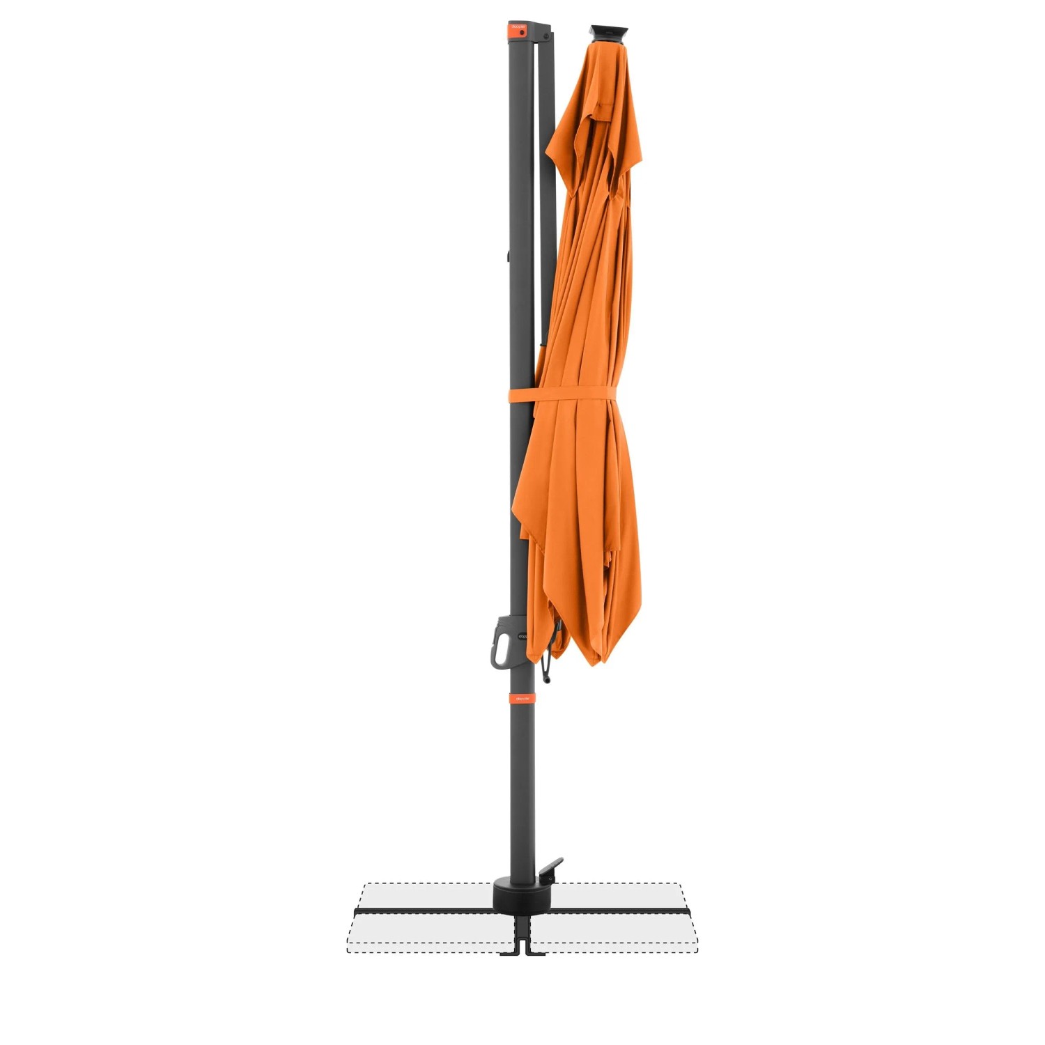 Gefalteter Doppler Ampelschirm MyZone 300x220 cm in Orange mit Kurbelmechanik und Kreuzfuß.