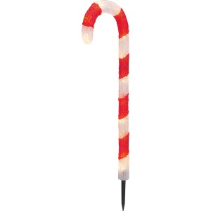 Rot-weiße LED-Zuckerstange aus Acryl mit Erdspieß für Weihnachtsdeko. Beleuchtete Figur für Garten & Eingang.