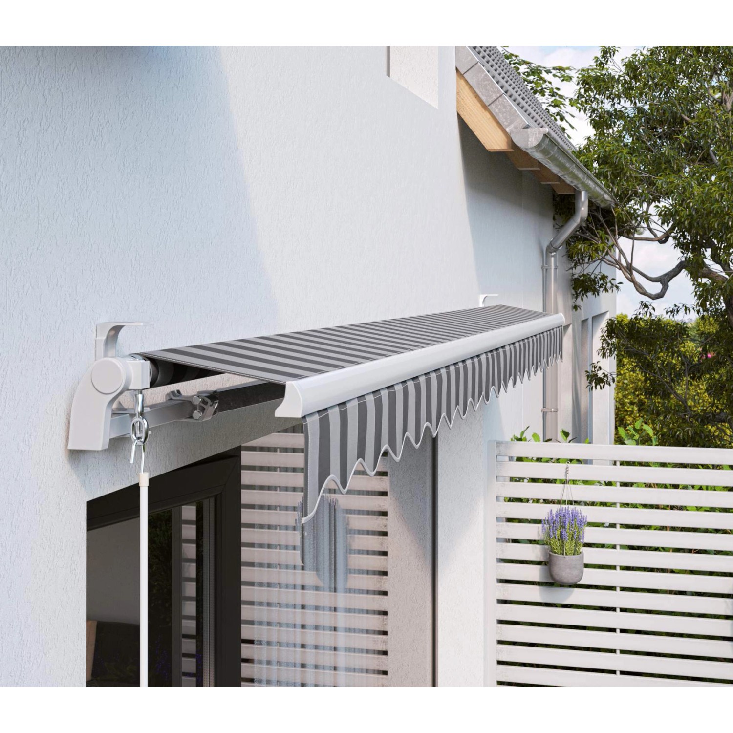 Gelenkarmmarkise Aventura 3x2m in Grau-Weiß gestreift, montiert an einer Hauswand.