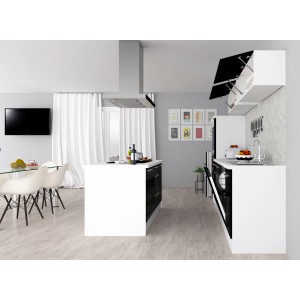 Respekta Premium Inselküche, 310 cm, Schwarz Hochglanz-Weiß, mit Kochinsel und Elektrogeräten.