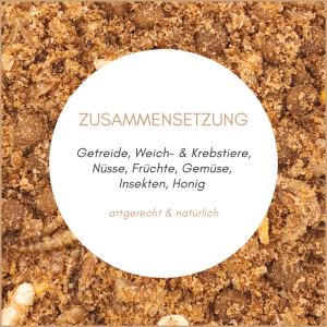Supravit Igelfutter: Nahaufnahme der Körnermischung mit Insekten, Nüssen, Getreide. Text zeigt Zusammensetzung.
