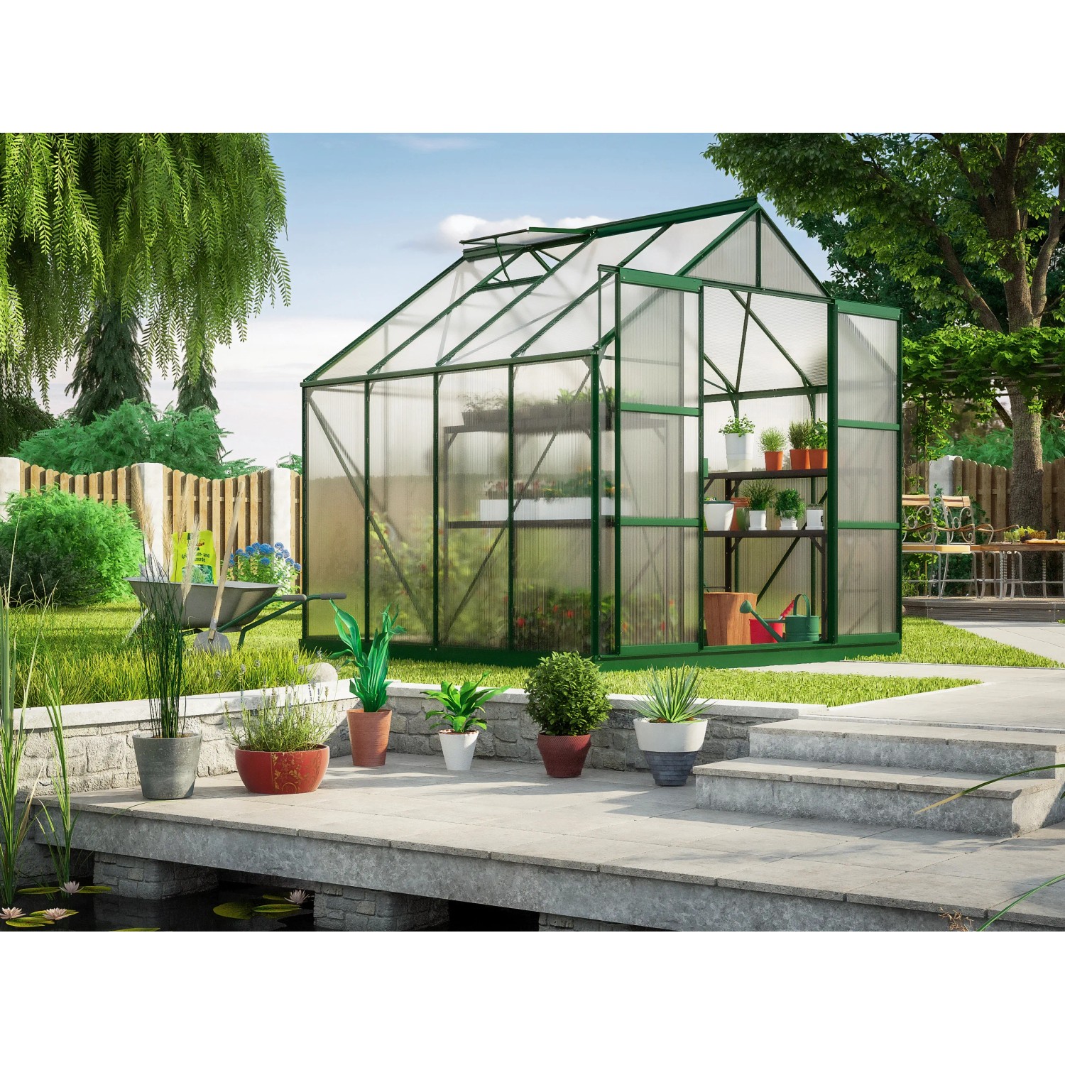 Grünes Gewächshaus Uranus 6700 mit Doppelschiebetür und Dachfenstern im Garten.