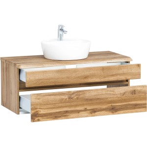 Held Möbel Waschtisch Trient 100 cm in Wotaneiche mit Keramik-Aufsatzbecken und zwei offenen Schubladen.
