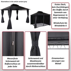 MCW Hardtop Pergola M81, creme, 3,6x3m mit Seitenwand und Moskitonetz Details.