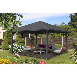 Skan Holz Pavillon Cannes 3, schiefergrau lasiert, 424x424 cm. Gartenlaube mit robuster Holzkonstruktion im Garten.