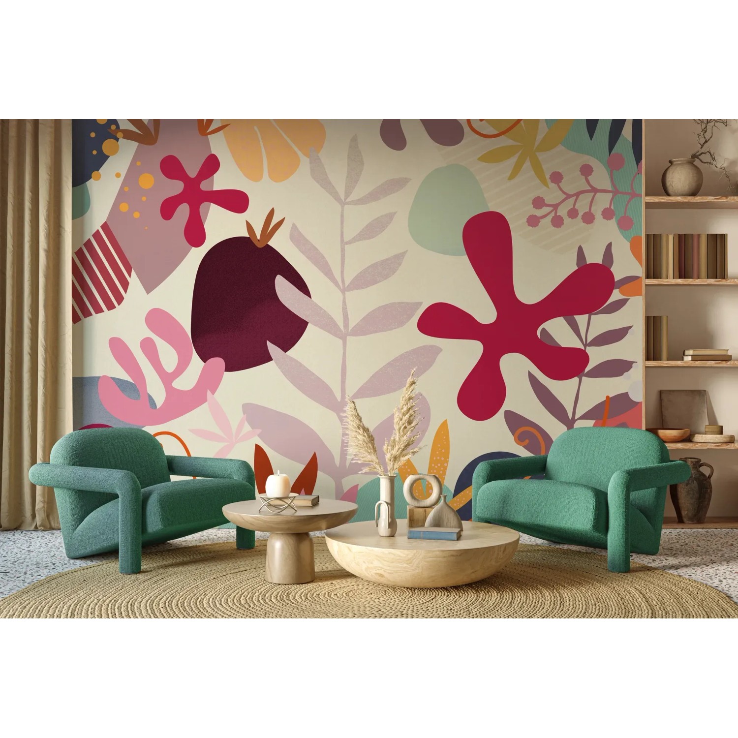 Bunte Komar Vliestapete Happy Corals im Wohnraum mit Korallen und Pflanzen.