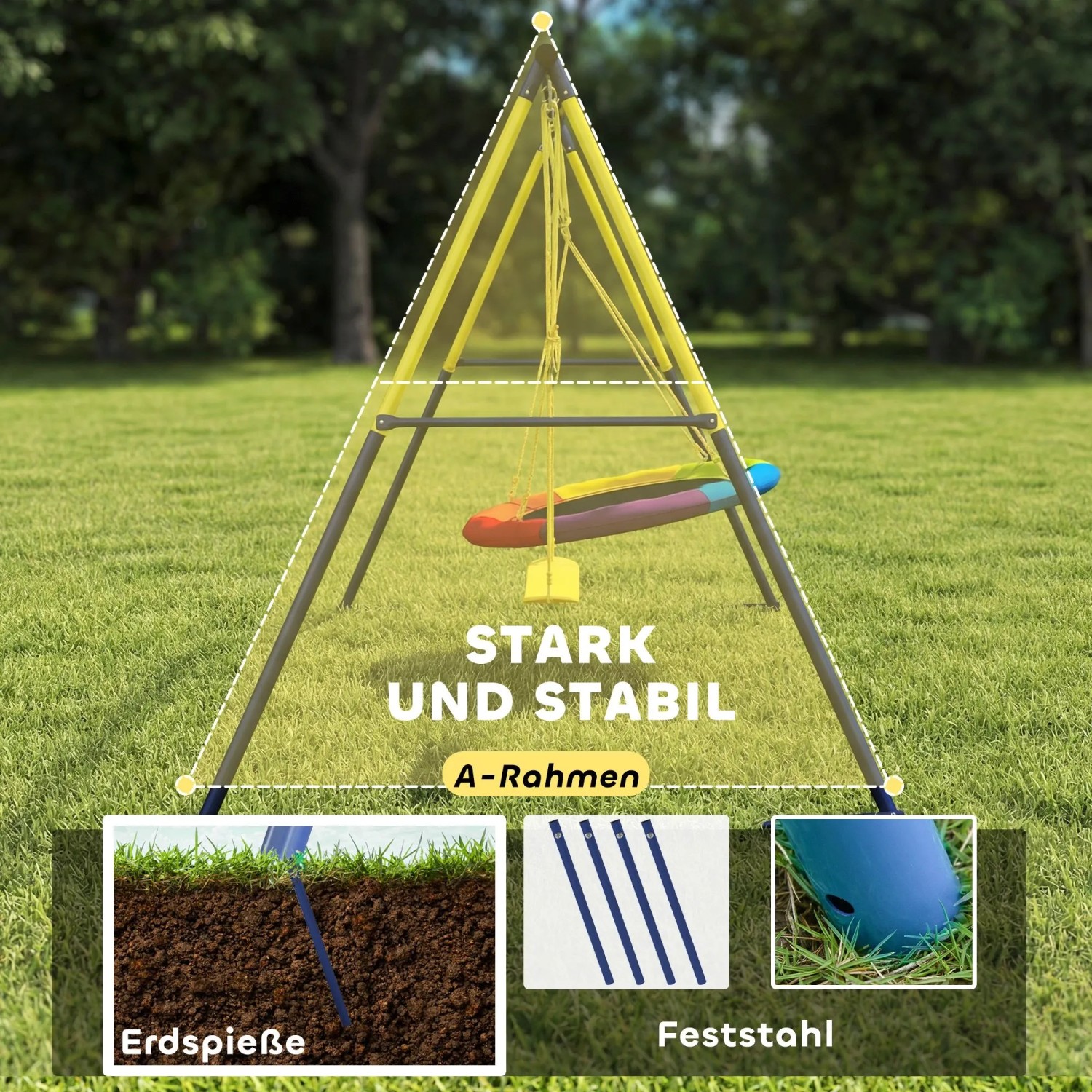 AIYAPLAY Schaukelgestell aus Stahl mit bunter Nestschaukel und gelber Gurtschaukel im Garten. Stabil und sicher.