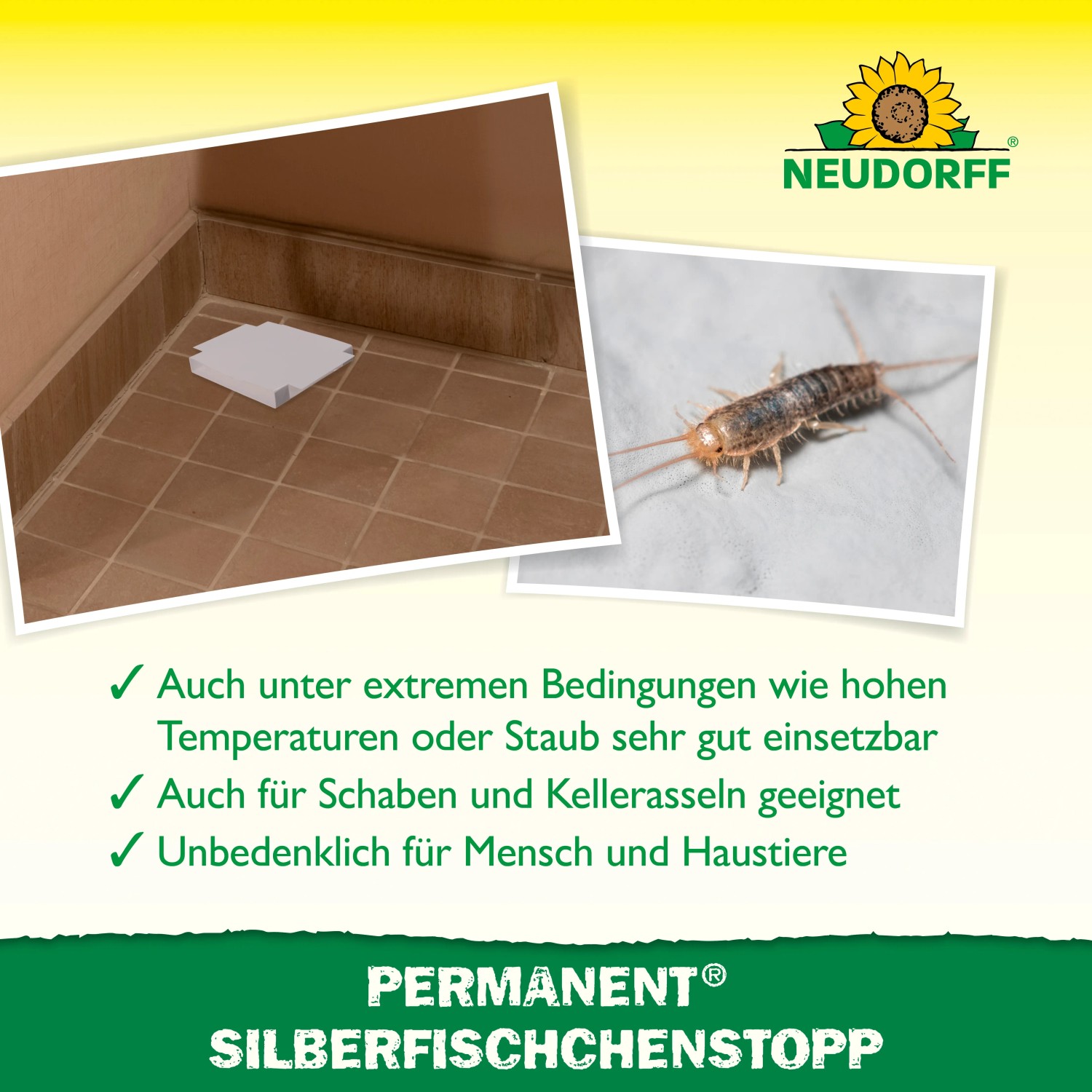 Neudorff Klebefalle Permanent Silberfischchenstopp: Silberfischchenfalle im Badezimmer und Detailaufnahme eines Silberfischchens.
