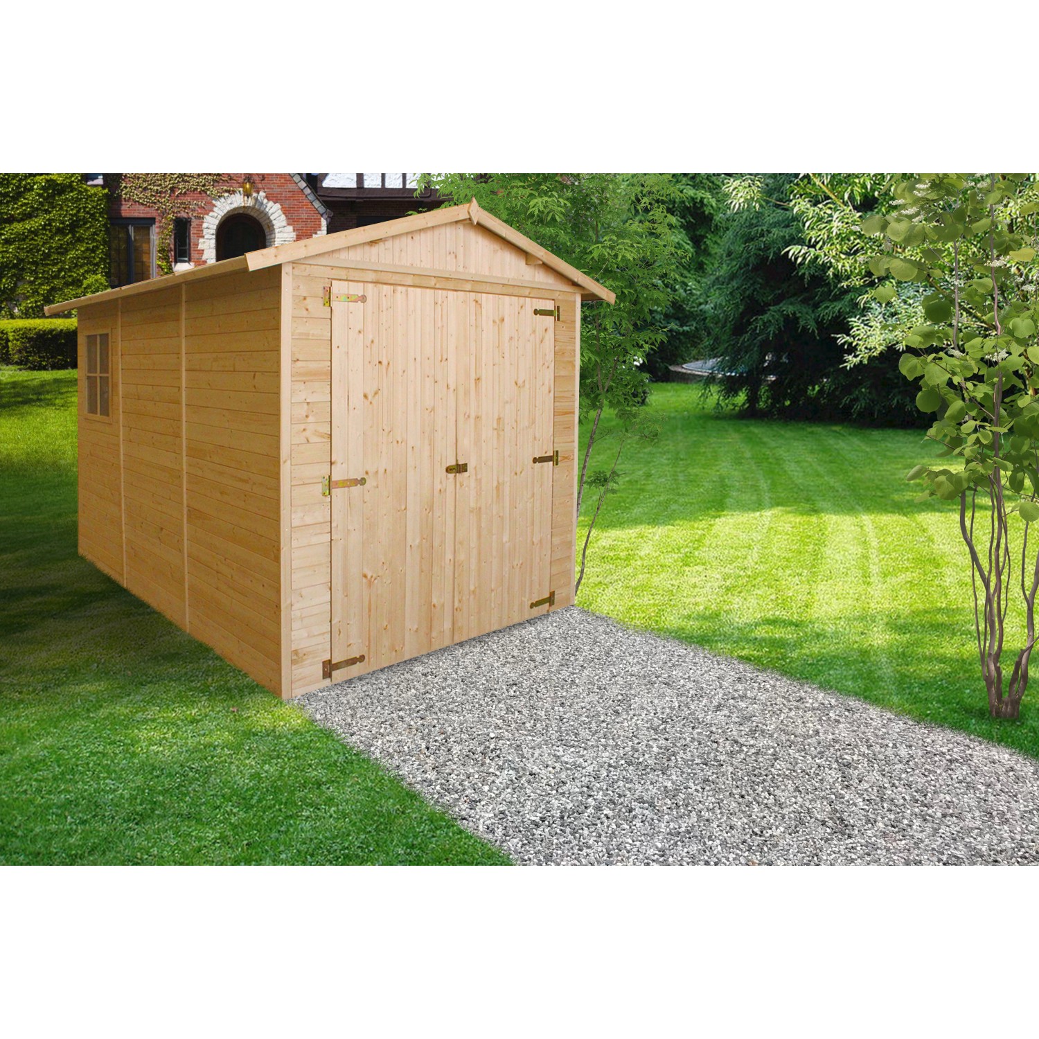 TIMBELA Holzgarage M105, 6 m², mit Fenster, naturbelassen. Fertiggarage aus Holz im Garten.