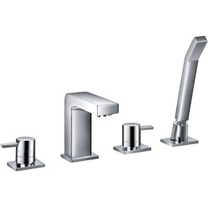 Eckige 4-Loch-Wannenrandarmatur TQ1000 mit Handbrause, verchromt.