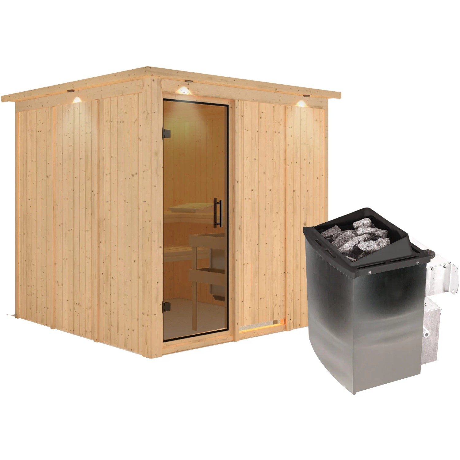 Karibu Sauna Rikka mit Ofen, naturbelassene Fichte, integrierte Steuerung und LED-Dachkranz.