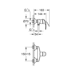 Technische Zeichnung Grohe Eurosmart Einhand-Brausebatterie in Chrom mit Maßangaben.