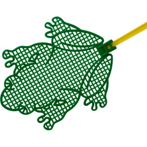 Grüne Fackelmann Fliegenklatsche in Froschform mit gelbem Griff.