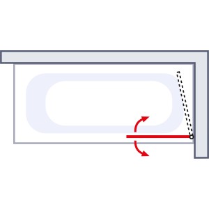 Skizze eines Badewannenaufsatzes aus Klarglas mit Alu-Rahmen, schwenkbar.