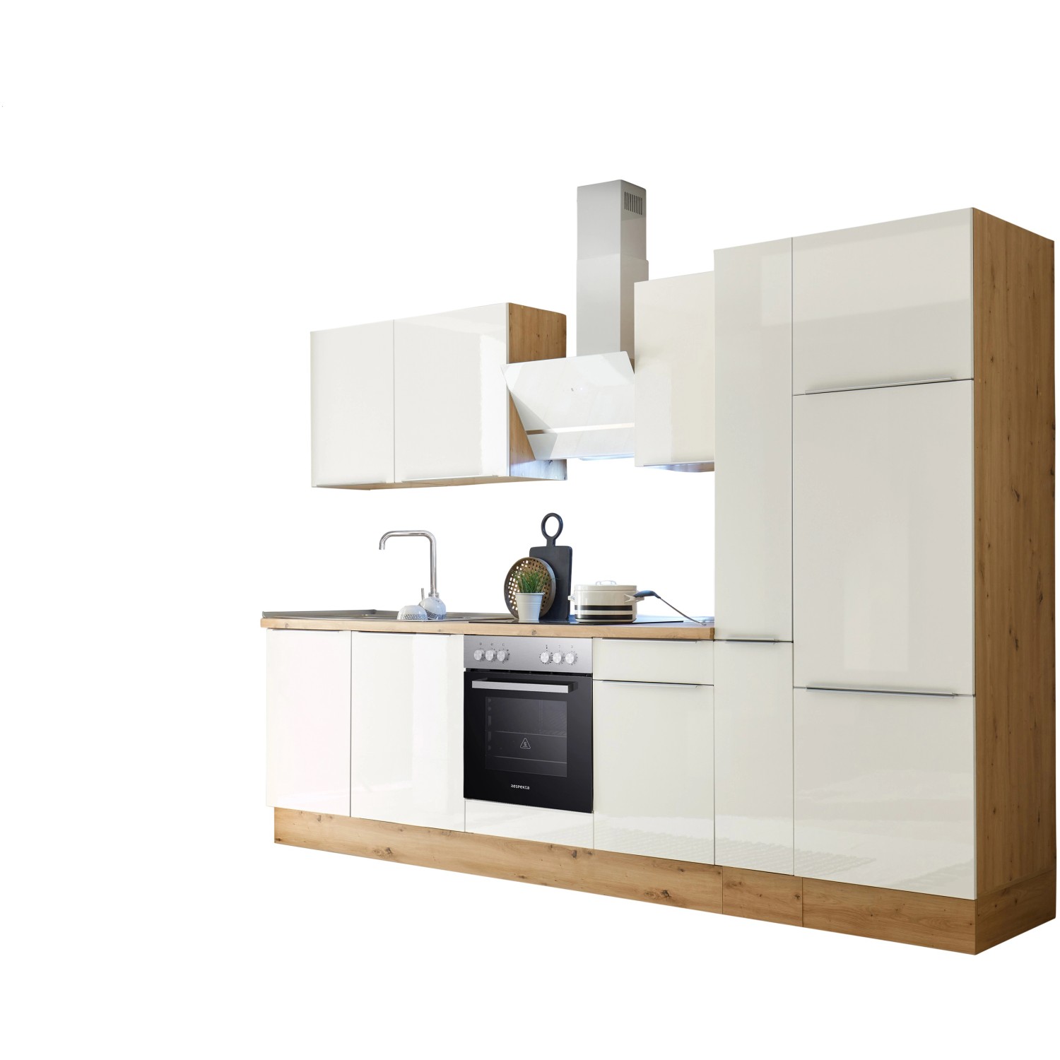 Respekta Küchenzeile Marleen 310 cm in Artisan-Eiche und Weiß Hochglanz mit E-Geräten.