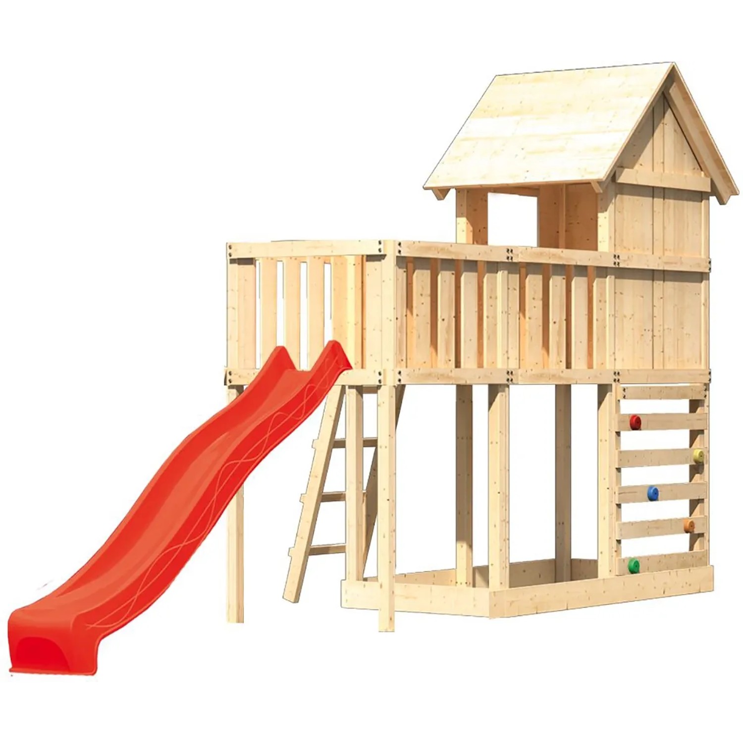 Karibu Stelzenhaus Frieda mit roter Rutsche, Kletterwand und Anbau. Spielturm aus Holz für Kinder.