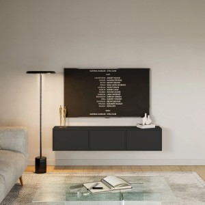 Schwarzes Selsey TV-Hängeboard Framme, wandmontiert, mit 3 grifflosen Fächern unter einem TV in modernem Wohnzimmer.