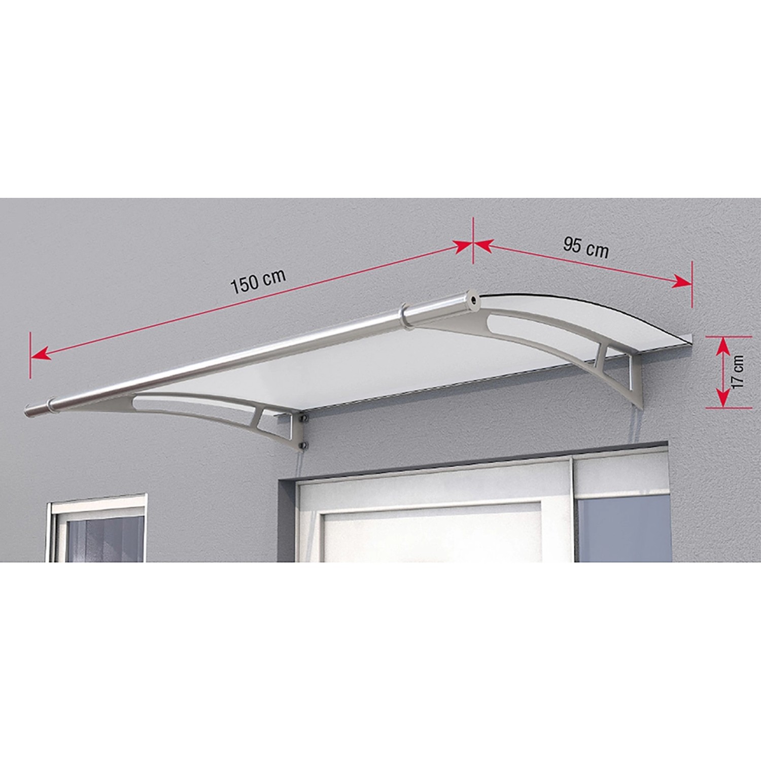 Pultvordach aus Edelstahl mit satinierter, weißer Acrylglasabdeckung, 150x95x17cm.