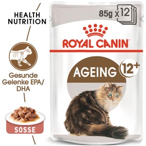 Royal Canin Ageing 12+ Nassfutter für Katzen, 85g Portionsbeutel in Soße.