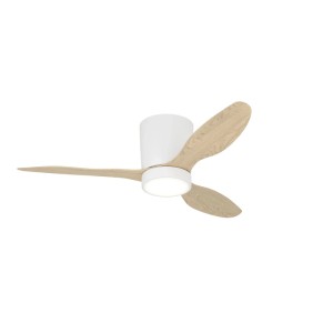 Weißer Eglo LED-Deckenventilator Baracares mit Holzoptik Flügeln, 106 cm Durchmesser.