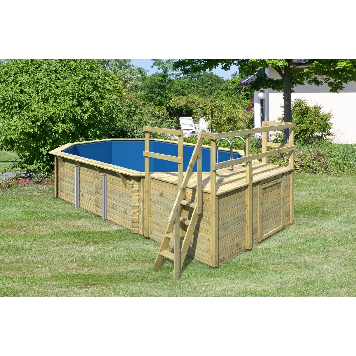 Karibu Holzpool Set mit Sonnenterrasse und Leiter im Garten.