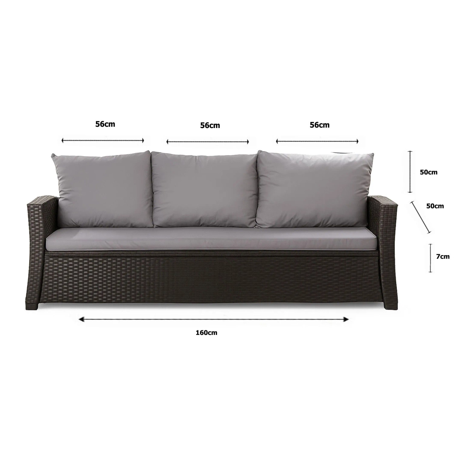 Graues 3-Sitzer Gartensofa mit Kissen Setgarden Mix-Techno für Polyrattan Möbel, 160x50x50 cm.