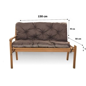 Braune, gesteppte Bankauflage 150x50x40cm für 2-Sitzer Gartenbänke. Bequemes Outdoor-Sitzkissen mit Rückenlehne.