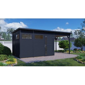Anthrazitfarbenes Bertilo Holz-Gartenhaus Pentus 3 Lounge mit Überdachung und Fenstern.