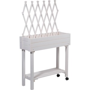 Weißes, rollbares Hochbeet mit Rankhilfe von Dobar, 130x79x28,5 cm. Holz-Hochbeet mit Ablage.