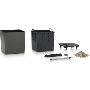 Lechuza Cube Premium 40 Pflanzgefäß, anthrazit metallic, mit Zubehör und Bewässerungssystem.