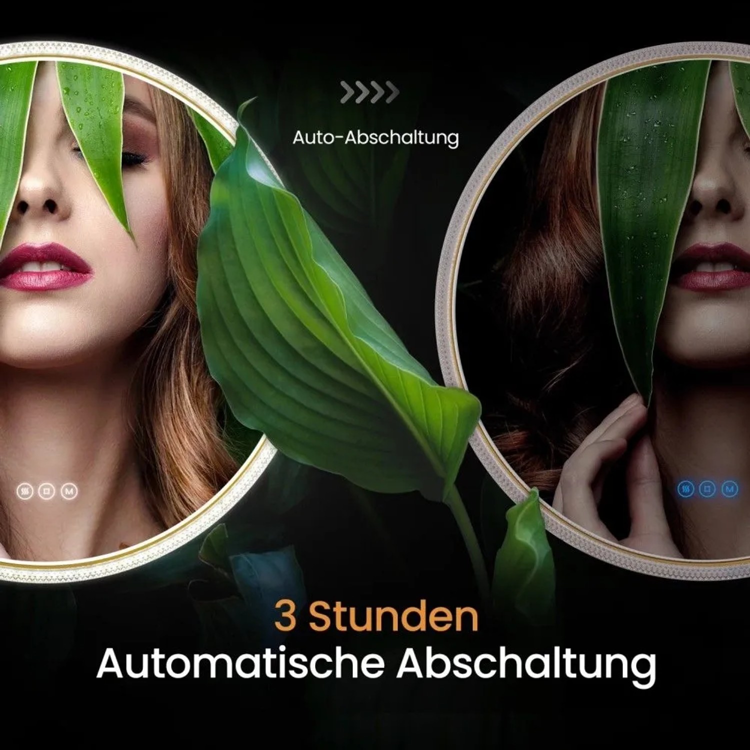Emke LED Badezimmerspiegel: 3h-Automatikabschaltung. Links beleuchtet (weiß), rechts aus (blau).
