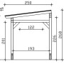 Technische Zeichnung der weißen Skan Holz Terrassenüberdachung Sanremo, Maße in cm.