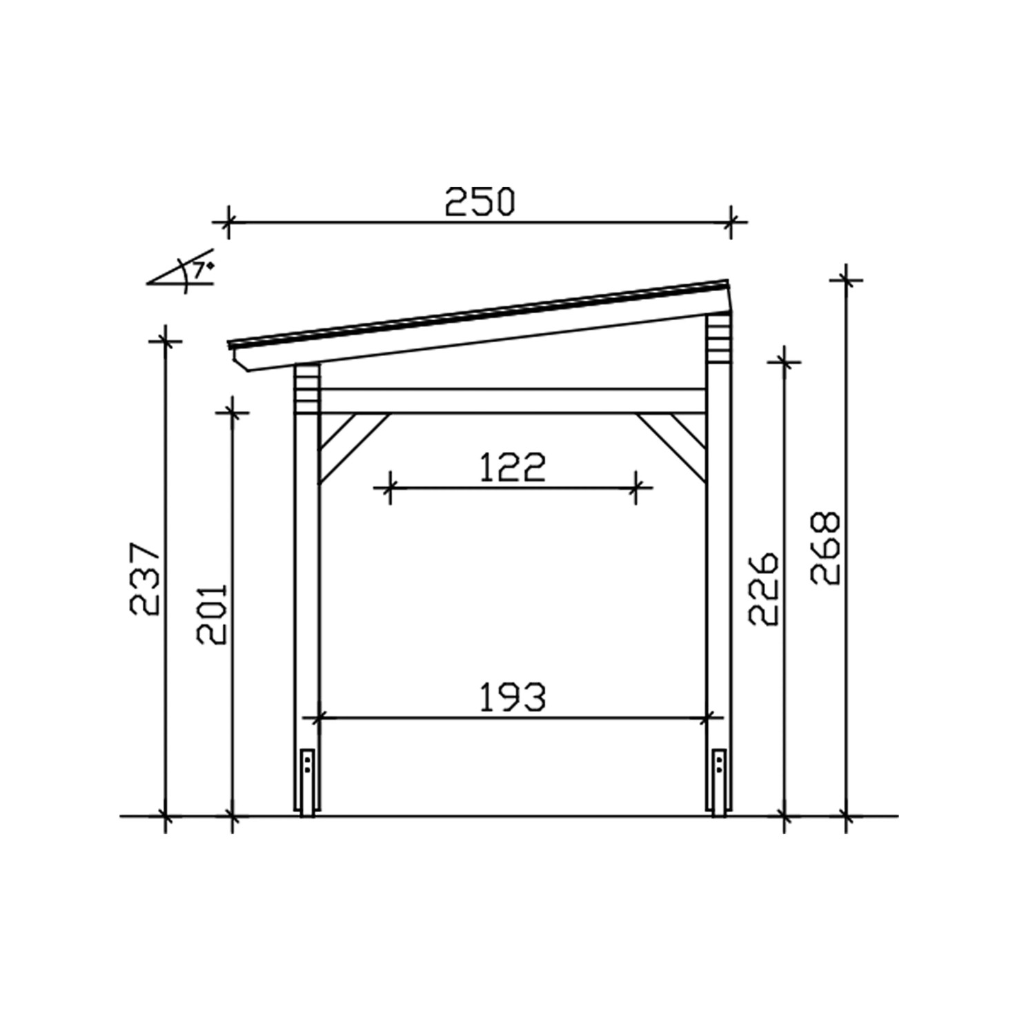 Technische Zeichnung der weißen Skan Holz Terrassenüberdachung Sanremo, Maße in cm.