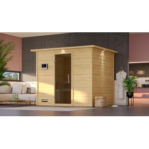 Karibu Sauna Sarina mit Ofen und LED-Dachkranz aus naturbelassenem Fichtenholz.