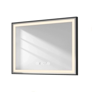 Rechteckiger Emke Badspiegel 80x60cm mit schwarzem Rahmen, integrierter LED-Beleuchtung, Touch-Steuerung, Uhr und Temperaturanzeige.