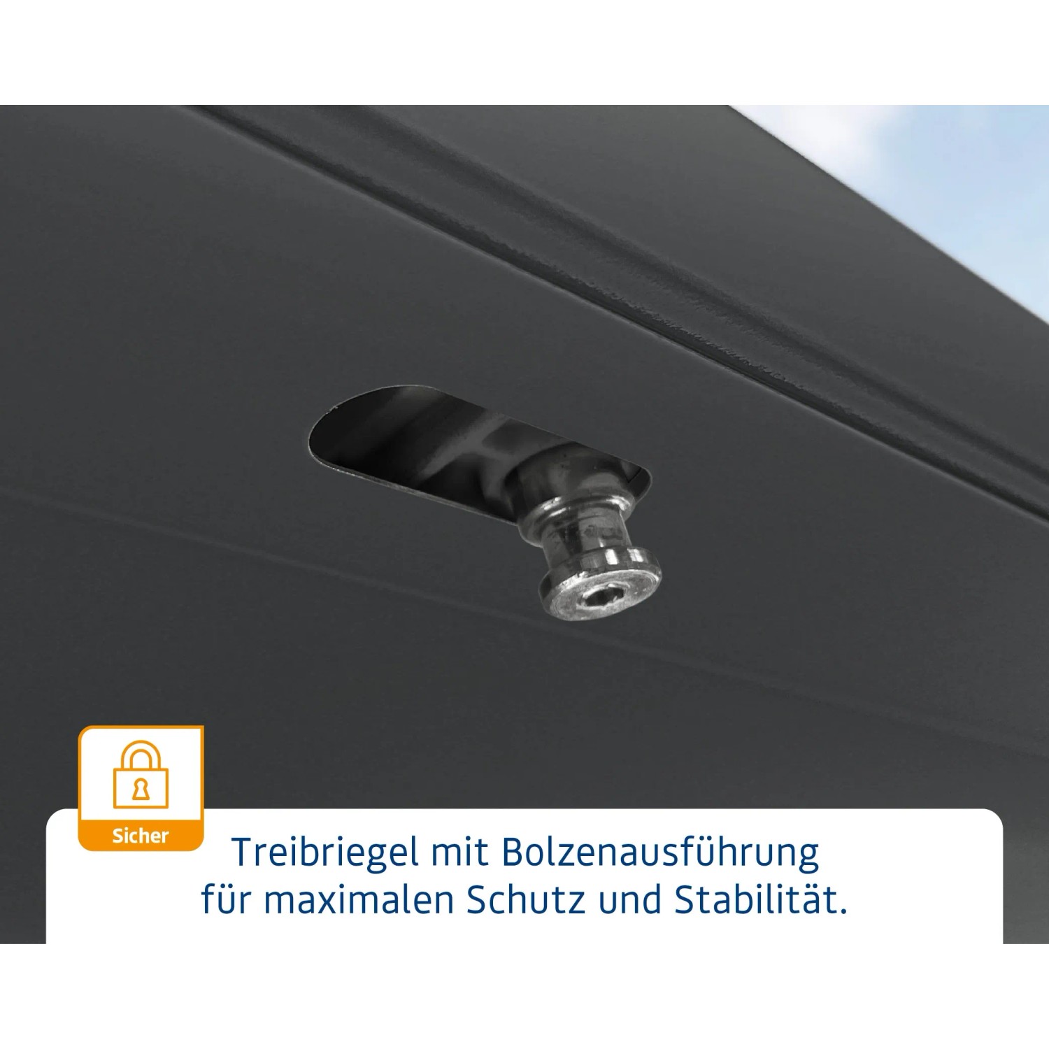 Detailaufnahme: Bolzenverschluss der EcoStar Gartenbox Elegant, anthrazitgrau, für sichere Aufbewahrung.