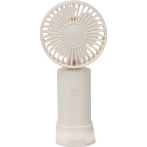 Weißer USB Handventilator mit drei Geschwindigkeitsstufen für Reisen und Büro.